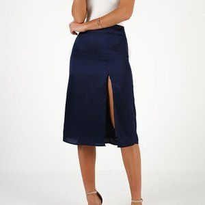 Showpo - Midi Satin Skirt with Slit in Navy Blue